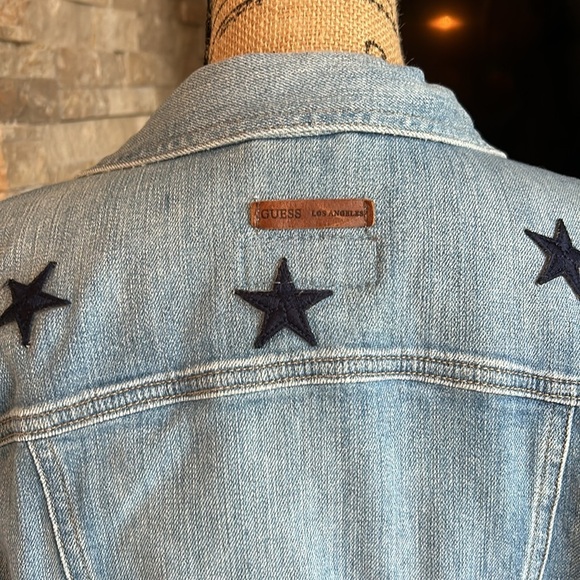 Guess cropped raw hem 3/4 sleeve hippie patches star cactus peace jean jacket - Picture 10 of 16